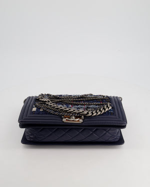 Chanel Navy Blue New Medium Boy Bag in Lambskin Leather & Tweed with Ruthenium & Bronze Hardware and Chain Details