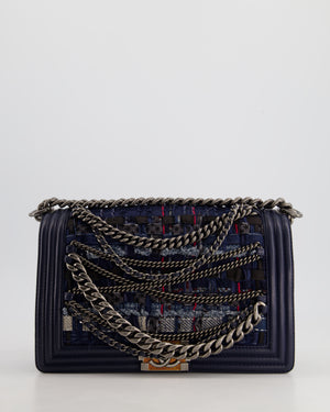 Chanel Navy Blue New Medium Boy Bag in Lambskin Leather & Tweed with Ruthenium & Bronze Hardware and Chain Details