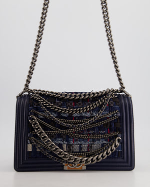 Chanel Navy Blue New Medium Boy Bag in Lambskin Leather & Tweed with Ruthenium & Bronze Hardware and Chain Details