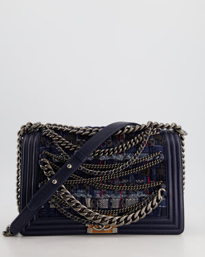 Chanel Navy Blue New Medium Boy Bag in Lambskin Leather & Tweed with Ruthenium & Bronze Hardware and Chain Details