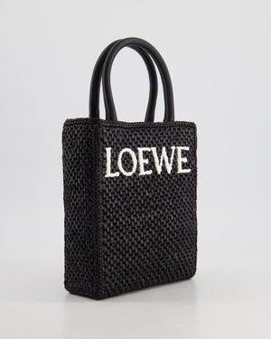 Loewe Black Small Woven Raffia Tote Bag with White Logo and Gold Hardware