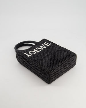 Loewe Black Small Woven Raffia Tote Bag with White Logo and Gold Hardware