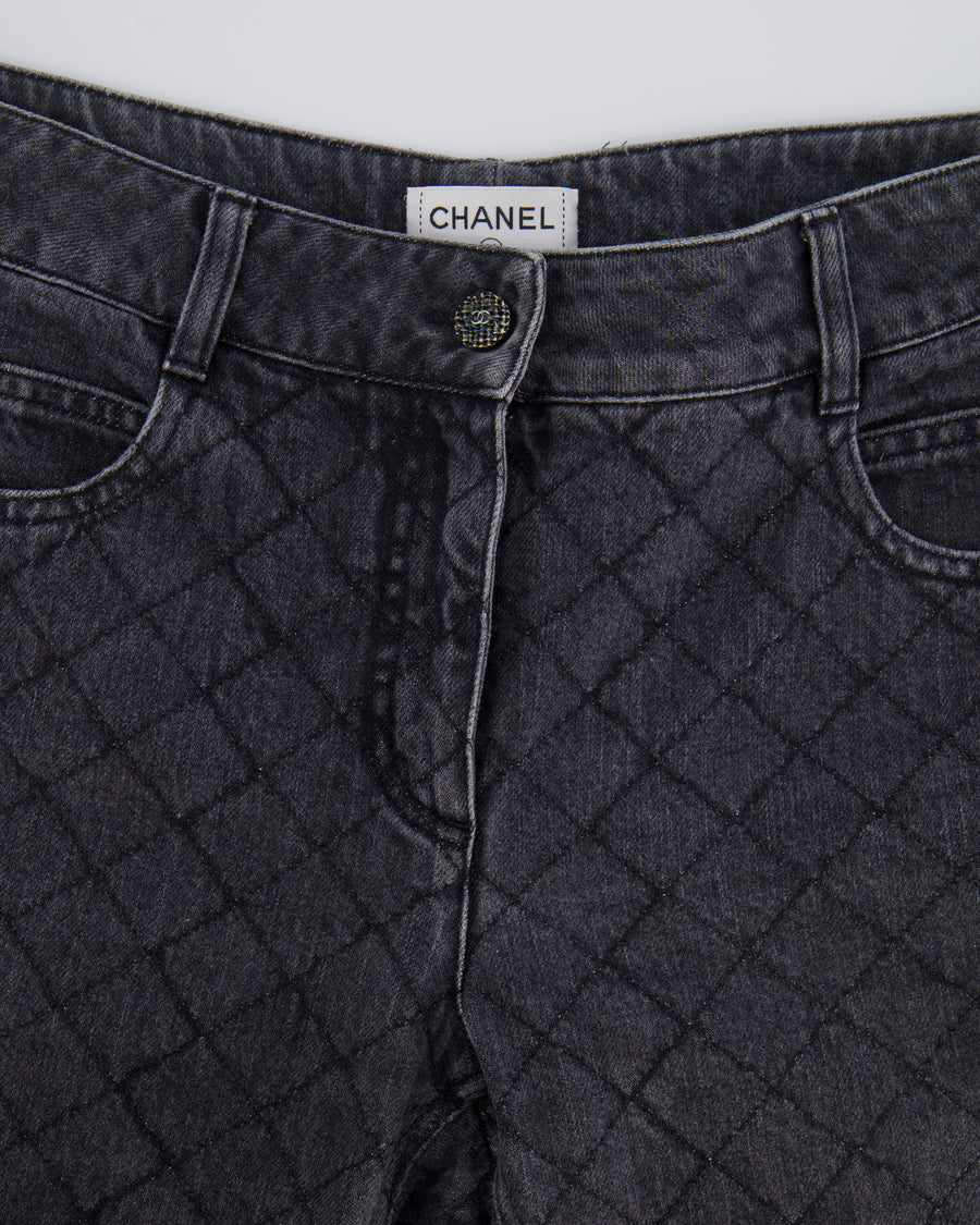 Chanel Dark Grey Diamond Quilted Skinny Jeans with CC Button Detail Size FR 42 (UK 14)