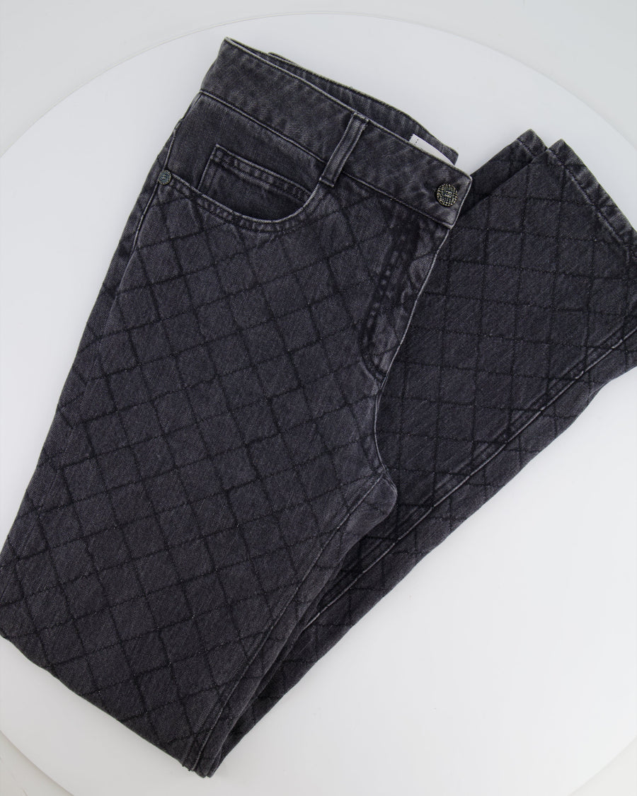 Chanel Dark Grey Diamond Quilted Skinny Jeans with CC Button Detail Size FR 42 (UK 14)