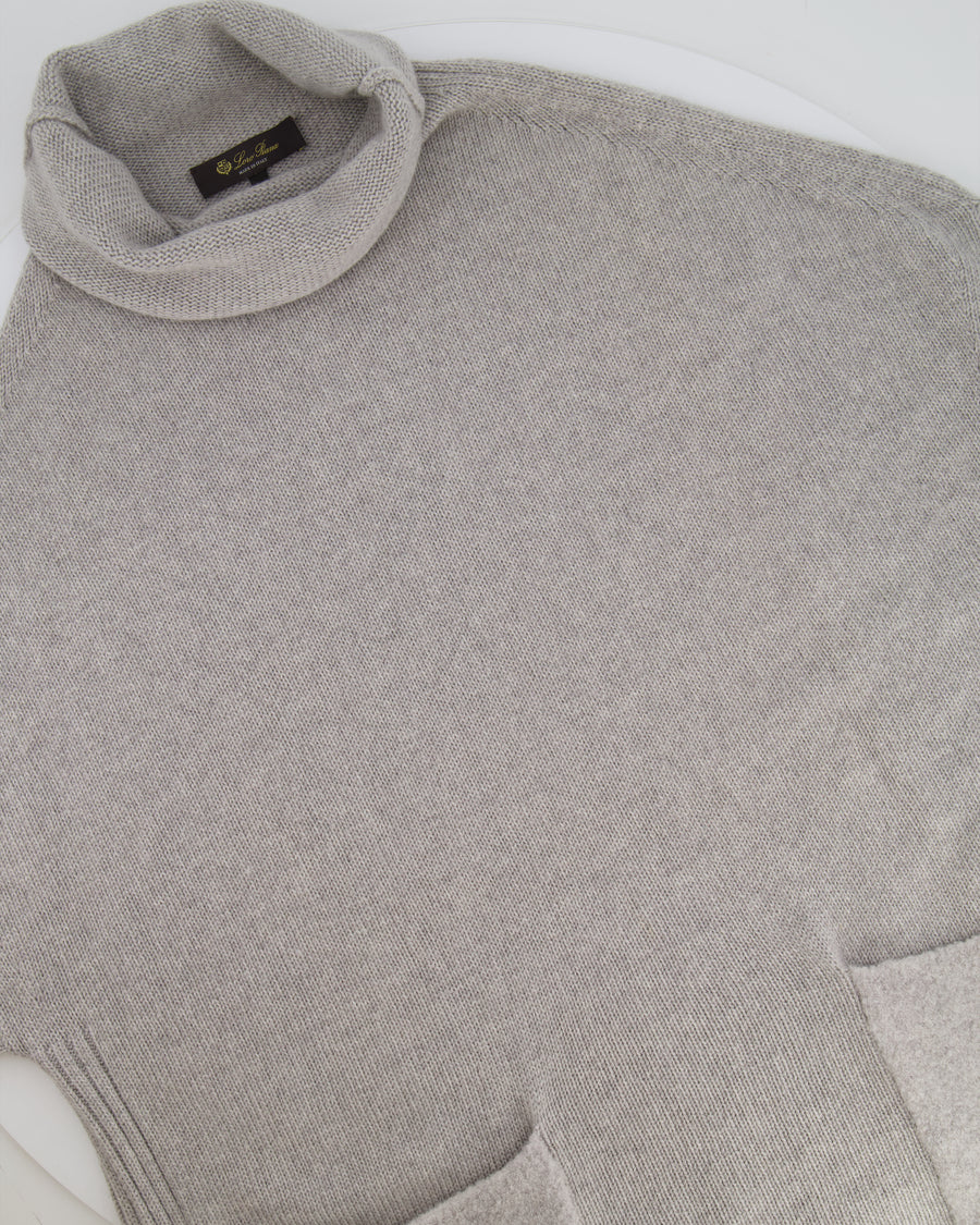 Loro Piana Grey Short-Sleeve Cashmere Turtle Neck Jumper with Front Pockets Size L (UK 12)