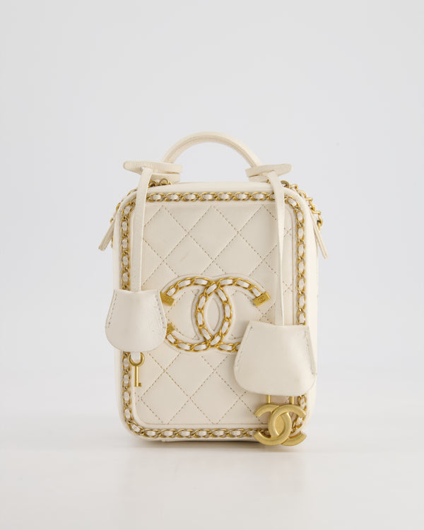 *HOT* Chanel White Calfskin Vertical Vanity Case with Gold Chain Trim Detail and Gold Hardware