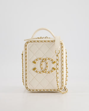 *HOT* Chanel White Calfskin Vertical Vanity Case with Gold Chain Trim Detail and Gold Hardware