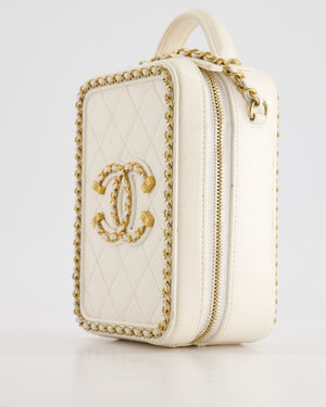 *HOT* Chanel White Calfskin Vertical Vanity Case with Gold Chain Trim Detail and Gold Hardware