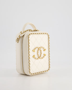 *HOT* Chanel White Calfskin Vertical Vanity Case with Gold Chain Trim Detail and Gold Hardware