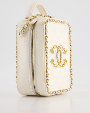 *HOT* Chanel White Calfskin Vertical Vanity Case with Gold Chain Trim Detail and Gold Hardware