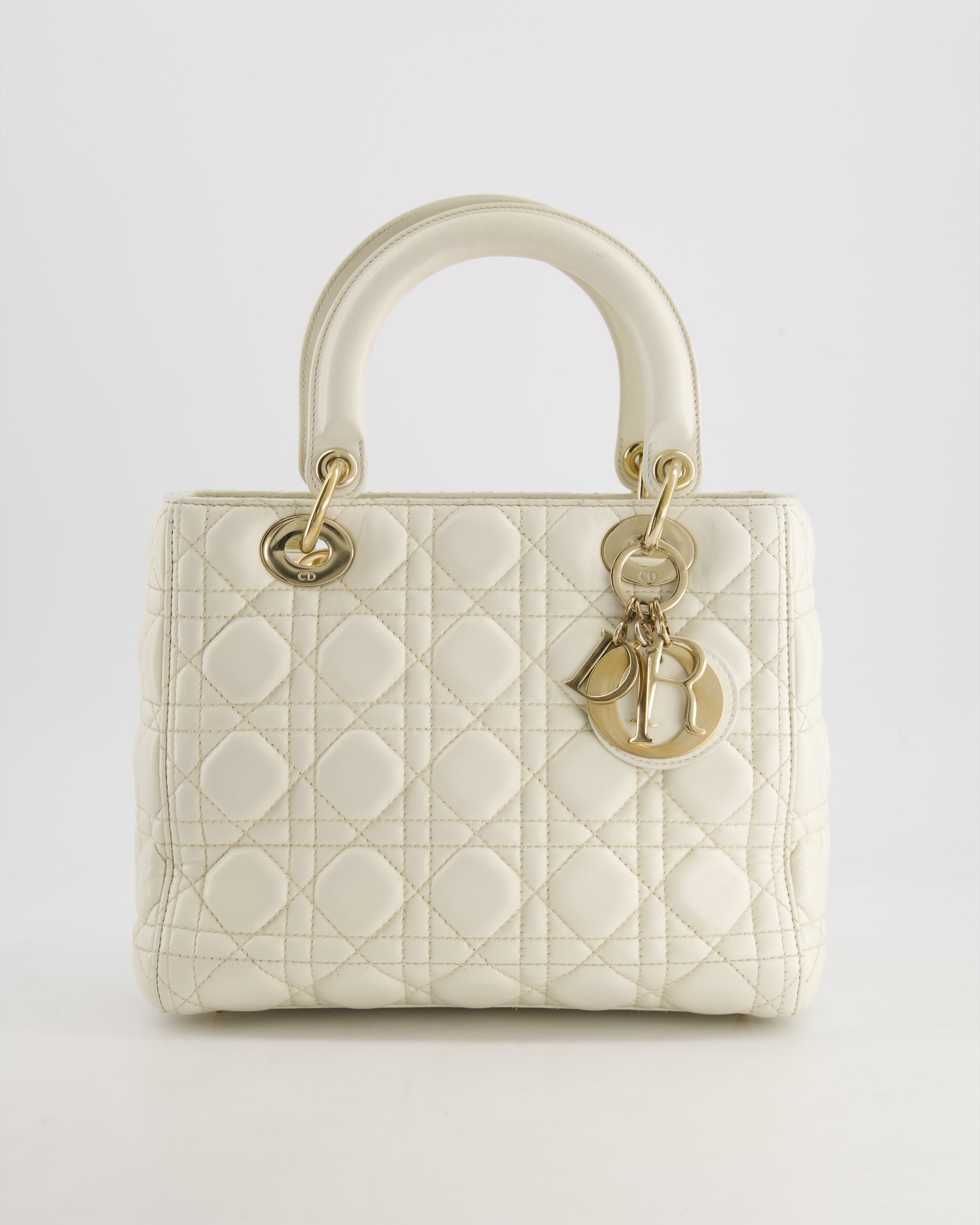 Christian Dior White Medium Lady Dior Bag in Cannage Lambskin with Cha Sellier