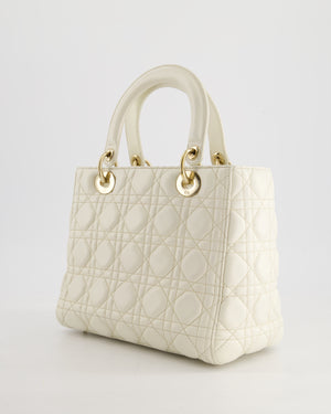 Christian Dior White Medium Lady Dior Bag in Cannage Lambskin with Champagne Gold Hardware