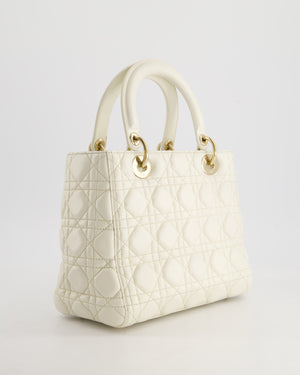 Christian Dior White Medium Lady Dior Bag in Cannage Lambskin with Champagne Gold Hardware