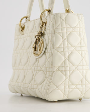 Christian Dior White Medium Lady Dior Bag in Cannage Lambskin with Champagne Gold Hardware