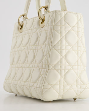 Christian Dior White Medium Lady Dior Bag in Cannage Lambskin with Champagne Gold Hardware