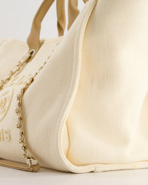 Chanel Cream Pearl Logo Large Canvas Deauville Tote Bag with Champagne Gold Hardware