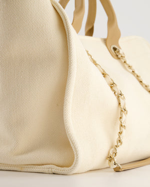 Chanel Cream Pearl Logo Large Canvas Deauville Tote Bag with Champagne Gold Hardware