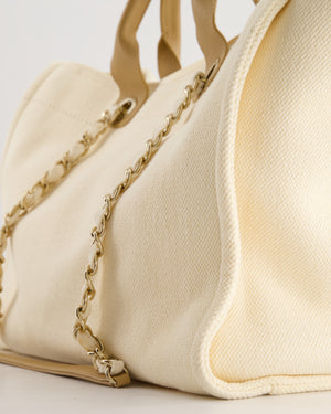 Chanel Cream Pearl Logo Large Canvas Deauville Tote Bag with Champagne Gold Hardware