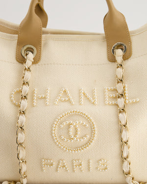 Chanel Cream Pearl Logo Large Canvas Deauville Tote Bag with Champagne Gold Hardware