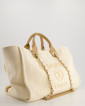 Chanel Cream Pearl Logo Large Canvas Deauville Tote Bag with Champagne Gold Hardware