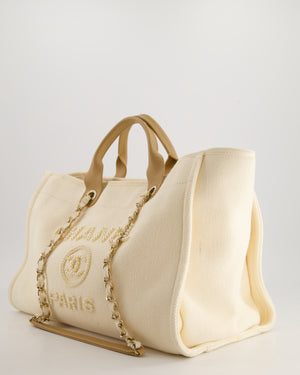 Chanel Cream Pearl Logo Large Canvas Deauville Tote Bag with Champagne Gold Hardware