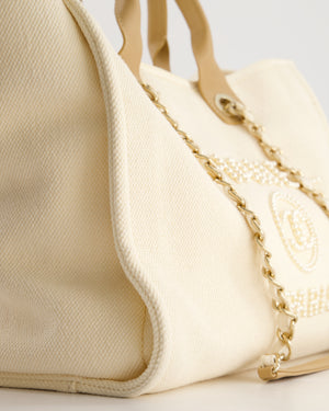 Chanel Cream Pearl Logo Large Canvas Deauville Tote Bag with Champagne Gold Hardware