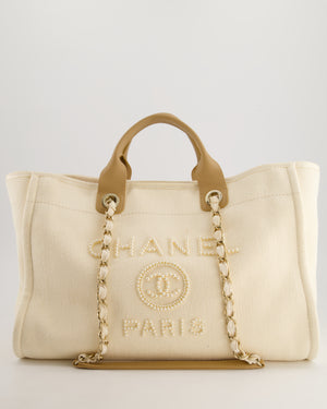 Chanel Cream Pearl Logo Large Canvas Deauville Tote Bag with Champagne Gold Hardware