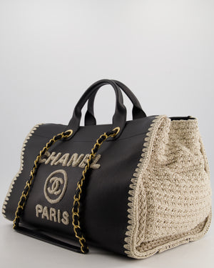 *RARE* Chanel Black Large Deauville Tote Bag in Calfskin Leather with Crochet Knit Side Panels and Logo with Antique Gold Hardware