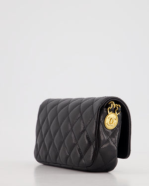 Chanel Black Single Flap Cross-Body Bag in Caviar Leather with Brushed Gold Hardware and Coin Detail