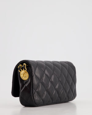 Chanel Black Single Flap Cross-Body Bag in Caviar Leather with Brushed Gold Hardware and Coin Detail