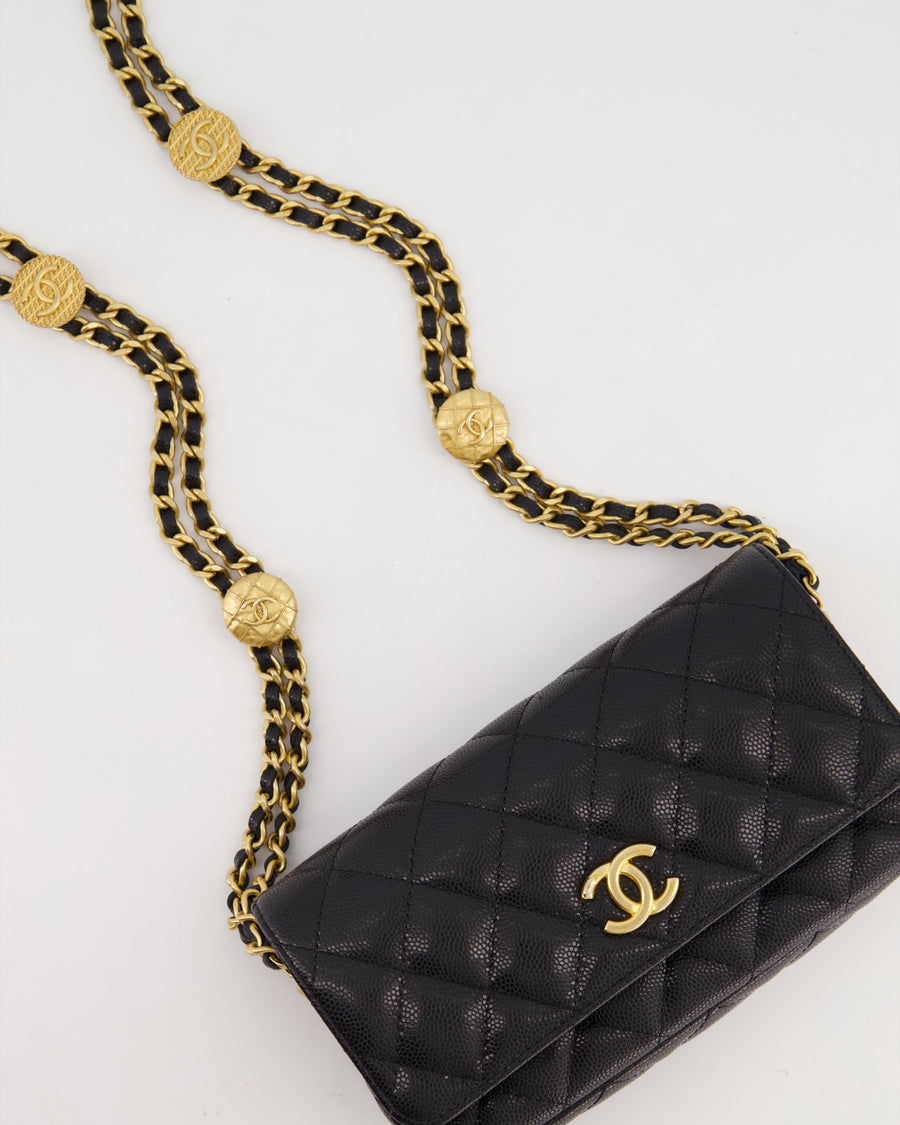 Chanel Black Single Flap Cross-Body Bag in Caviar Leather with Brushed Gold Hardware and Coin Detail