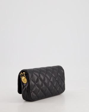 Chanel Black Single Flap Cross-Body Bag in Caviar Leather with Brushed Gold Hardware and Coin Detail