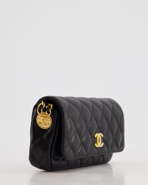 Chanel Black Single Flap Cross-Body Bag in Caviar Leather with Brushed Gold Hardware and Coin Detail