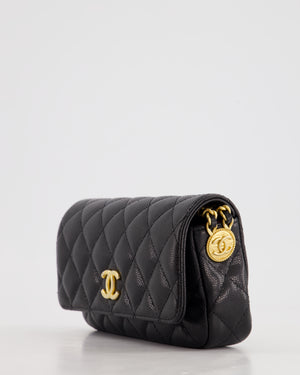 Chanel Black Single Flap Cross-Body Bag in Caviar Leather with Brushed Gold Hardware and Coin Detail