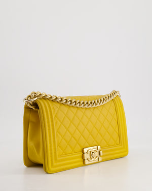 Chanel Mustard Yellow Medium Boy Bag in Calfskin Leather with Antique Gold Hardware