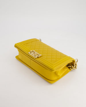 Chanel Mustard Yellow Medium Boy Bag in Calfskin Leather with Antique Gold Hardware