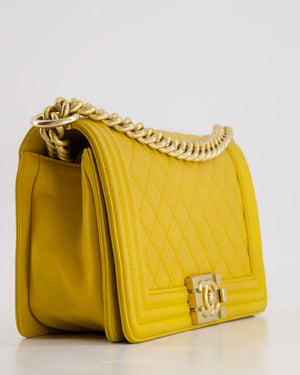 Chanel Mustard Yellow Medium Boy Bag in Calfskin Leather with Antique Gold Hardware