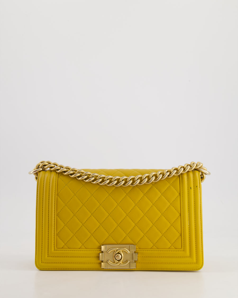 Chanel Mustard Yellow Medium Boy Bag in Calfskin Leather with Antique Gold Hardware