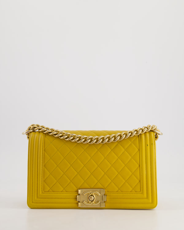 Chanel Mustard Yellow Medium Boy Bag in Calfskin Leather with Antique Gold Hardware