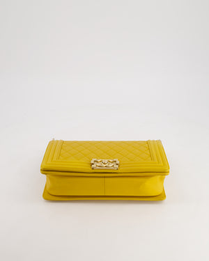 Chanel Mustard Yellow Medium Boy Bag in Calfskin Leather with Antique Gold Hardware