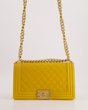 Chanel Mustard Yellow Medium Boy Bag in Calfskin Leather with Antique Gold Hardware