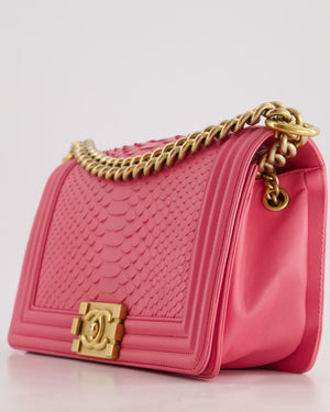 *HOT* Chanel Pink Python Medium Boy Bag with Wallet Clip Chain in Calfskin Leather with Antique Gold Hardware