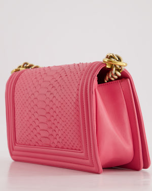 *HOT* Chanel Pink Python Medium Boy Bag with Wallet Clip Chain in Calfskin Leather with Antique Gold Hardware