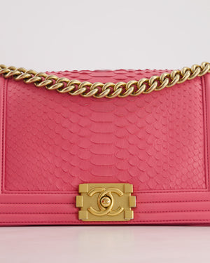 *HOT* Chanel Pink Python Medium Boy Bag with Wallet Clip Chain in Calfskin Leather with Antique Gold Hardware