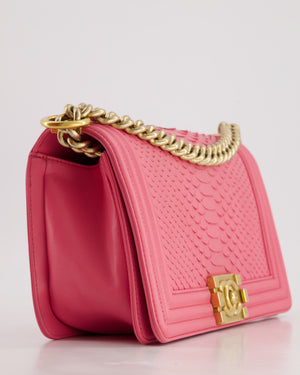 *HOT* Chanel Pink Python Medium Boy Bag with Wallet Clip Chain in Calfskin Leather with Antique Gold Hardware