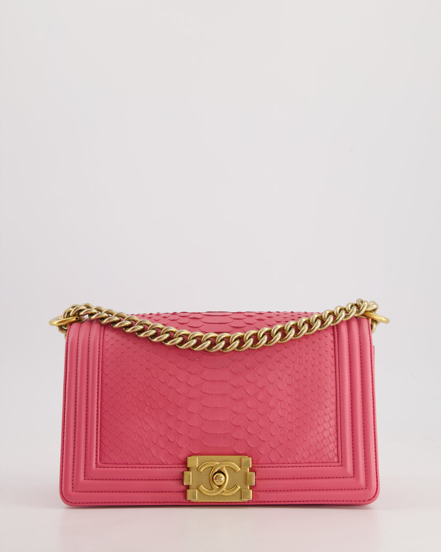 *HOT* Chanel Pink Python Medium Boy Bag with Wallet Clip Chain in Calfskin Leather with Antique Gold Hardware