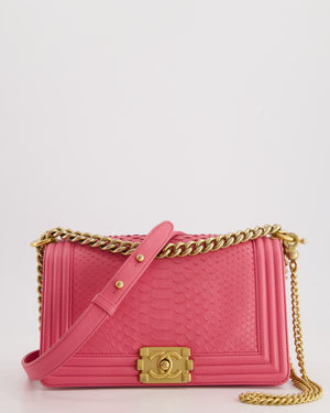 *HOT* Chanel Pink Python Medium Boy Bag with Wallet Clip Chain in Calfskin Leather with Antique Gold Hardware