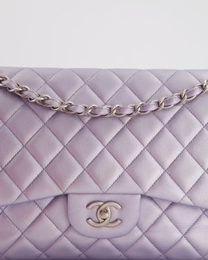 Chanel Iridescent Lilac Purple Jumbo Classic Double Flap Bag in Lambskin Leather with Brushed Silver Hardware RRP £9,240