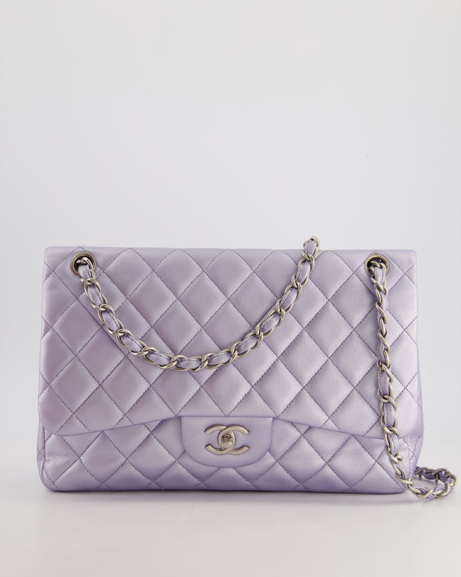 Chanel Iridescent Lilac Purple Jumbo Classic Double Flap Bag in Lambskin Leather with Brushed Silver Hardware RRP £9,240