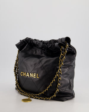 Chanel 22 Small Hobo Bag in Black Shiny Calfskin with Brushed Gold Hardware